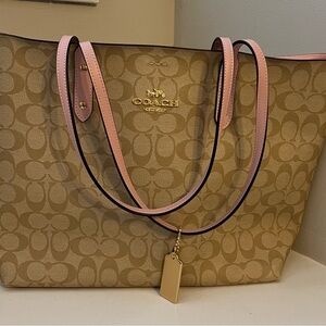 Coach Tan and Pink Tote Bag with Monogram Pattern